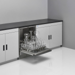 Undercounter FlaskScrubber Glassware Washer, Left, Open with Glassware